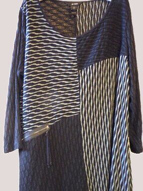 Ali Miles 3/4 Sleeve Textured Wavy Stripe Pullover Tunic Black Gray Women's 1X